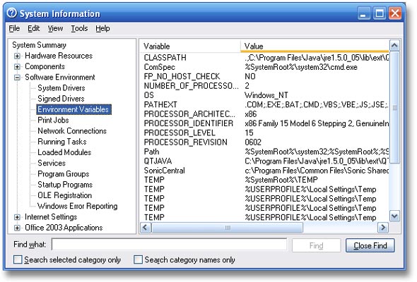 System Environment Variables in System Control Panel on Window XP