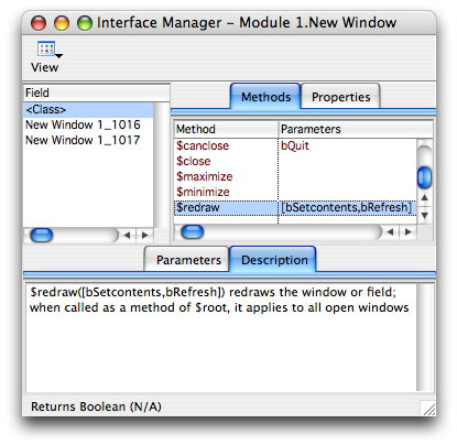 Interface Manager showing description of built-in method
