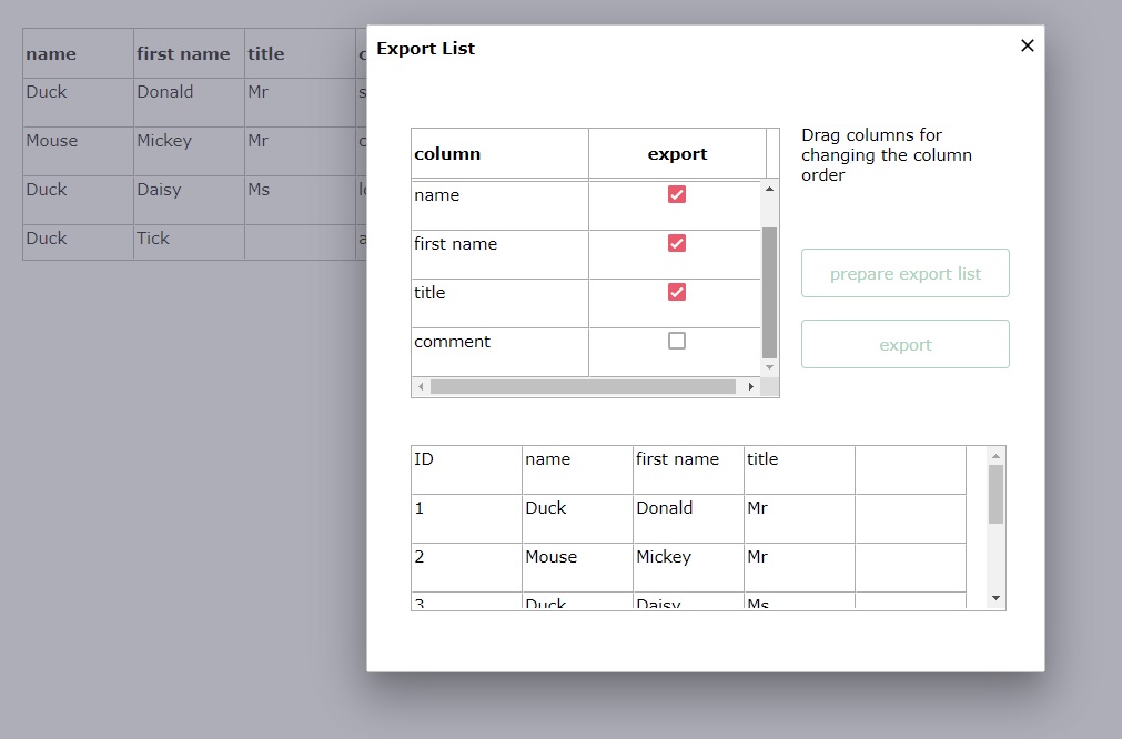 Popup Form for exporting data from a Data Grid
